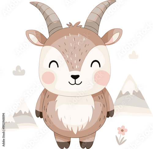 Adorable Baby Mountain Goat Character with Snowy Mountains, Clouds, and Playful Expression for Kids' Art, Nature Illustrations, and Animal Designs