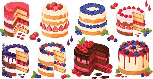 Berry cakes collection with strawberry blueberry raspberry layered desserts sweet bakery pastry flat vector illustration set