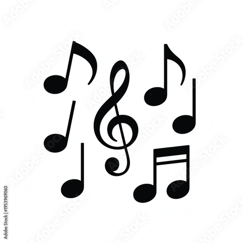 A collection of black musical notes and symbols on a white background