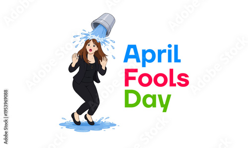 April Fools Day Prank Illustration with Surprised Woman and Water Splash Cartoon