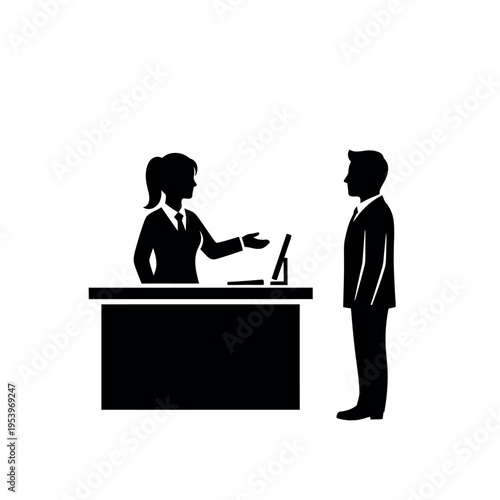 Businesswoman at desk assisting male client.