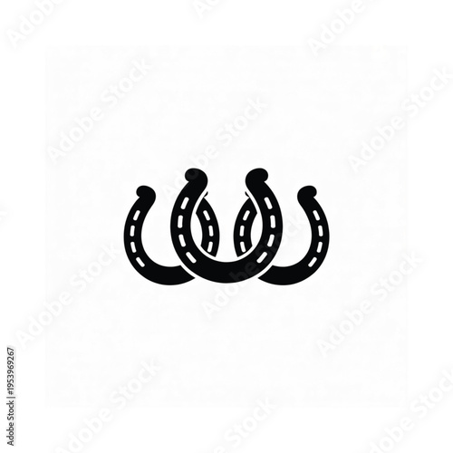 Three black horseshoes arranged in a symmetrical curved pattern on white