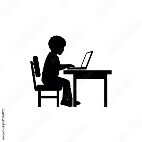 Child silhouette using laptop at desk.