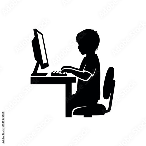 Child learning computer skills silhouette.