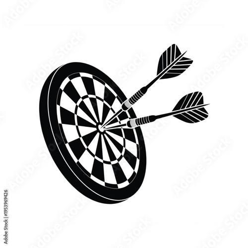 Black and white illustration of a dartboard with two darts hitting the bullseye