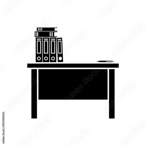 Office Desk with Stack of Binders and Pen Silhouette.