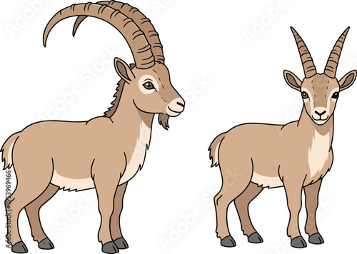 Ibex Goat Character Set with Adult and Baby Figures for Wildlife, Nature, and Educational Illustrations