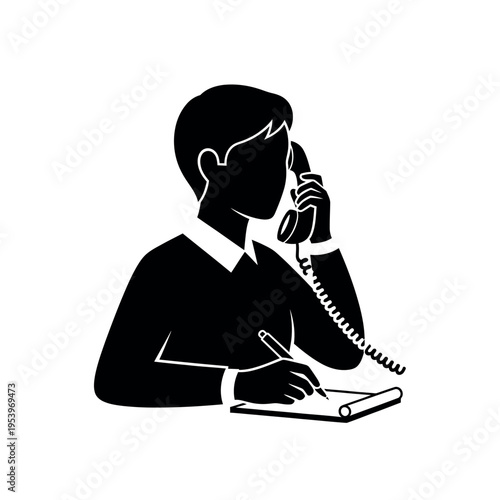 Person on phone taking notes black and white illustration.