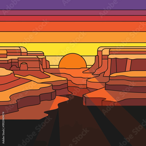 Stylized illustration of a canyon landscape at sunset with vibrant colors and geometric shapes.