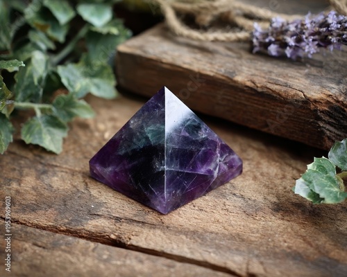 Close-up of a decorative pyramid crystal with a wooden background, creating a harmonious and natural composition. 