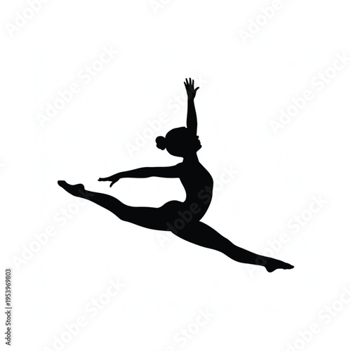 Silhouetted gymnast performing a dynamic split leap in mid air