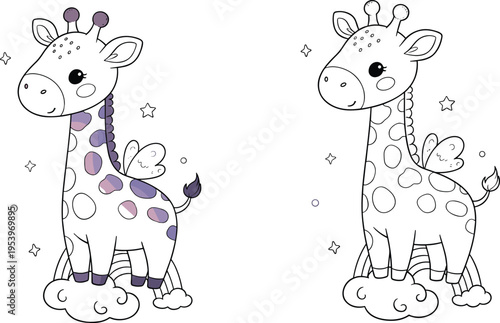 Cute Giraffe Character Set with Butterfly Wings, Stars, and Clouds for Kids' Art, Fantasy Themes, and Whimsical Illustrations