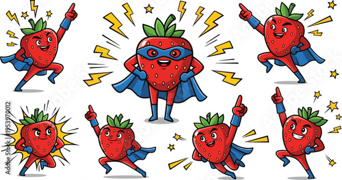 Superhero Strawberry Character Set with Lightning, Stars, and Bold Poses for Kids' Art, Fun Illustrations, and Cartoon Superheroes