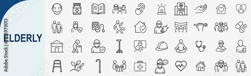 Elderly care icons set, senior health and retirement line art vectord retirement line art vectorrk