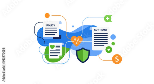 Abstract illustration of health insurance policy and contract documents with medical and financial symbols.