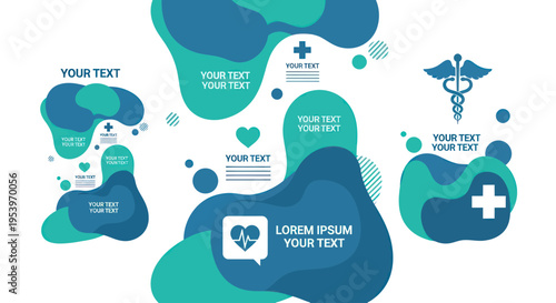 Abstract medical infographic elements with fluid shapes, icons, and text placeholders for healthcare information.