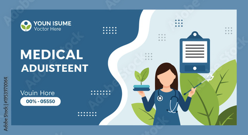 Medical Adjuster holding a plant and pointer, with a clipboard and stethoscope, representing healthcare and insurance services.