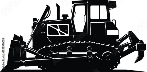 Black and white bulldozer silhouette vector illustration, heavy construction equipment, front blade, operator cabin, continuous tracks, rear ripper attachment, earthmoving machinery