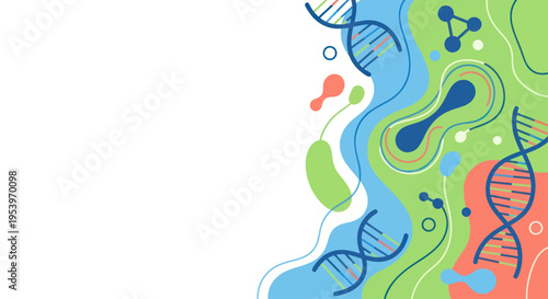 Abstract illustration of DNA strands, molecules, and organic shapes in vibrant green, blue, and orange colors on a white background, representing biotechnology and genetics.