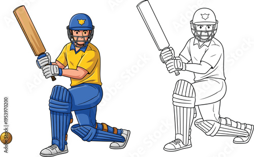 A professional cricket batsman character wearing blue and yellow uniform with protective gear hitting a ball, including both colored and line art versions.