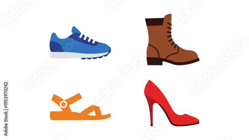 A colorful assortment of four distinct types of footwear displayed side by side