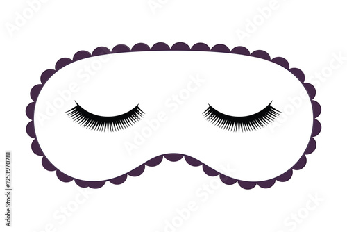 A white sleep mask with detailed curved eyelashes and a purple border