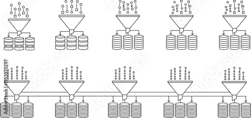 Data Processing Funnel and Database Vector Set with Big Data Filtering, Information Flow, Storage Systems, and Analytics Pipeline Line Icon Collection