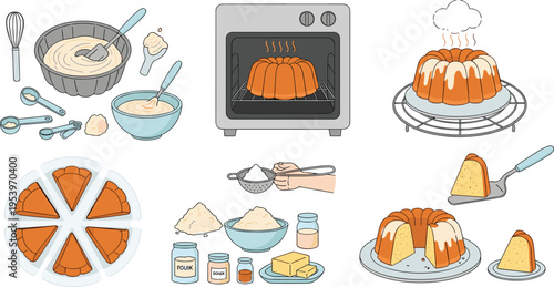 Bundt cake baking process with mixing batter baking in oven slicing cake and serving dessert flat vector illustration set
