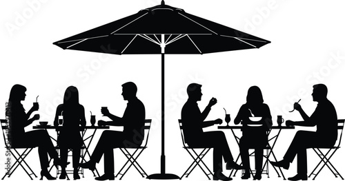 Black silhouette of people sitting at outdoor cafe tables under a large umbrella eating and drinking isolated on white background for restaurant lifestyle design.