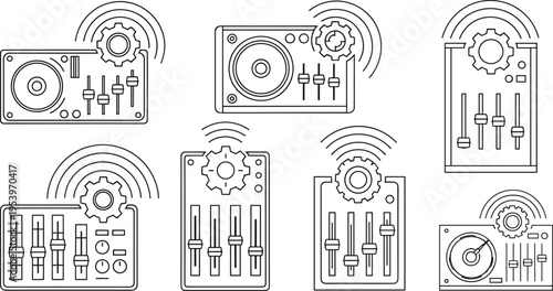 DJ Audio Mixer and Turntable Line Icon Set with Equalizer Sliders, Sound Control Panels, Music Production Equipment, and Technology Interface Vector Collection