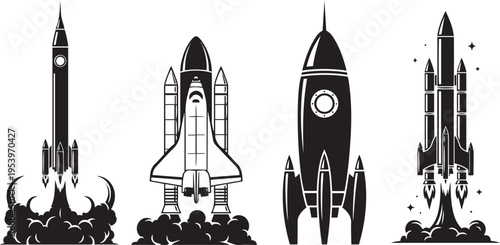 Rocket Launch Silhouette Set  Space Shuttle and Spacecraft Vector Collection