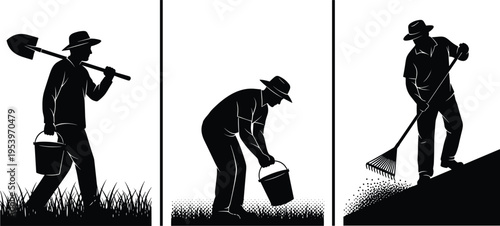 Black and white vector illustration of people gardening, farming, carrying bucket, shovel, pouring soil, raking ground, manual labor, agricultural tools