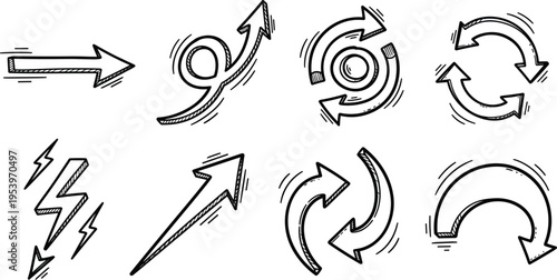 Hand Drawn Arrow Vector Set with Dynamic Sketch Style Directions, Circular Rotation Symbols, Lightning Shapes, and Motion Indicators for Design and Infographics