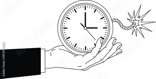 Businessman hand holding a ticking time bomb clock with a burning fuse for deadline pressure stress management and urgent business competition vector concept.