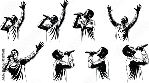 Male Singer Line Art Vector Set with Microphone Performance Poses, Expressive Vocal Gestures, Live Concert Illustration, and Black and White Music Artist Collection