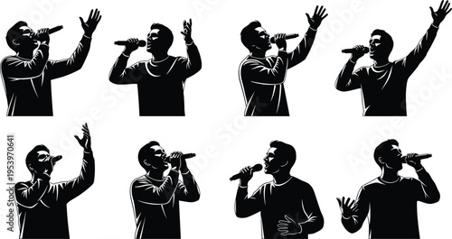 Male Singer Silhouette Vector Set with Microphone Performance Poses, Vocalist Gestures, Music Concert Expression, Isolated Black and White Artist Collection for Entertainment Design