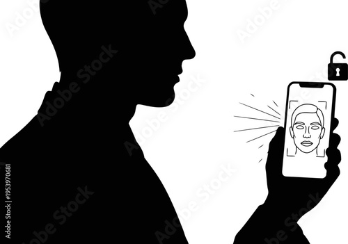  Silhouette of a person unlocking smartphone using face recognition scan.