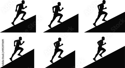 Running Man Silhouette Vector Set with Uphill Sprint Poses, Fitness Training, Athletic Movement, and Black and White Sports Action Icons Collection