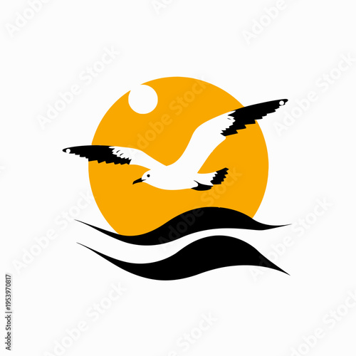 Seagull in flight silhouette over water and sun abstract illustration