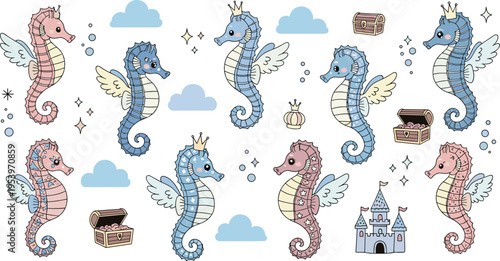 Magical Seahorse Character Set with Wings, Crowns, Treasure Chests, Castles, and Clouds for Kids' Art, Fantasy Themes, and Underwater Designs