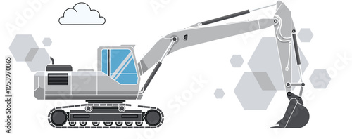Stylized excavator vector illustration with hydraulic arm, bucket, crawler tracks, cab window, abstract hexagonal background, construction machinery, industrial designStylized 