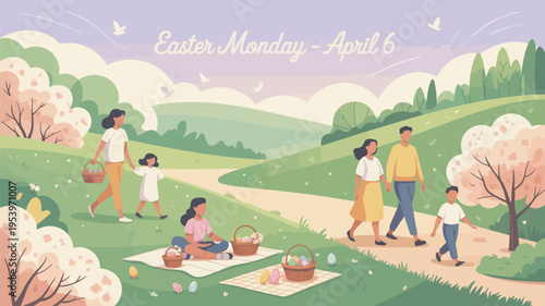 A peaceful easter monday scene with a family enjoying a spring picnic
