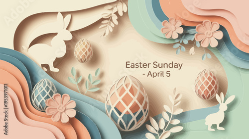 A charming easter scene with rabbits eggs and floral paper cut designs