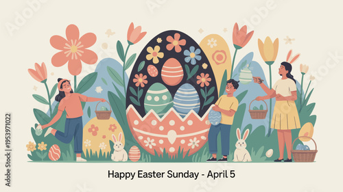 A vibrant easter scene with children eggs flowers and festive decorations