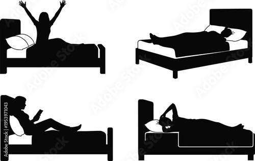 Black silhouette set of people in bed, sleeping, waking up, stretching, and reading on smartphone for morning routine and healthy lifestyle concepts.eps