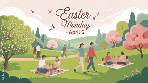 Families enjoying a peaceful easter monday picnic in a lush spring landscape