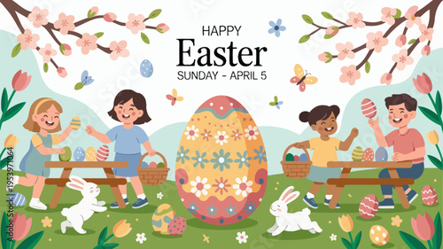 Happy easter celebration with children eggs and bunnies in a spring setting