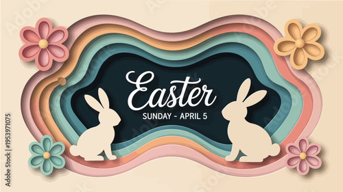 Layered paper art depicting easter bunnies flowers and a festive background