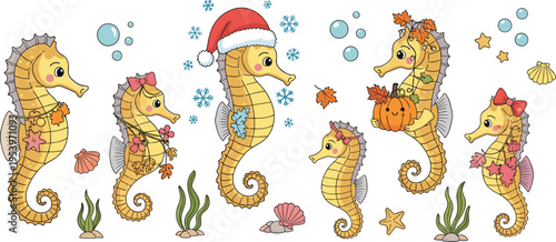 Cute seahorse seasonal collection with autumn leaves, pumpkins, winter hat and playful underwater characters in cartoon vector illustration set
