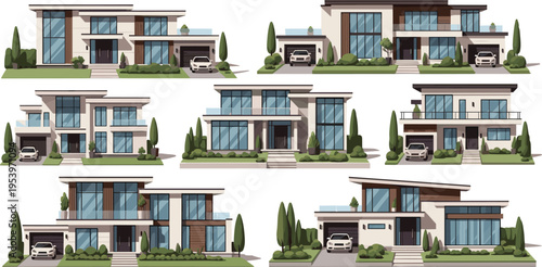 Modern luxury houses collection with contemporary architecture, glass facades, garages and landscaped gardens in detailed vector illustration set